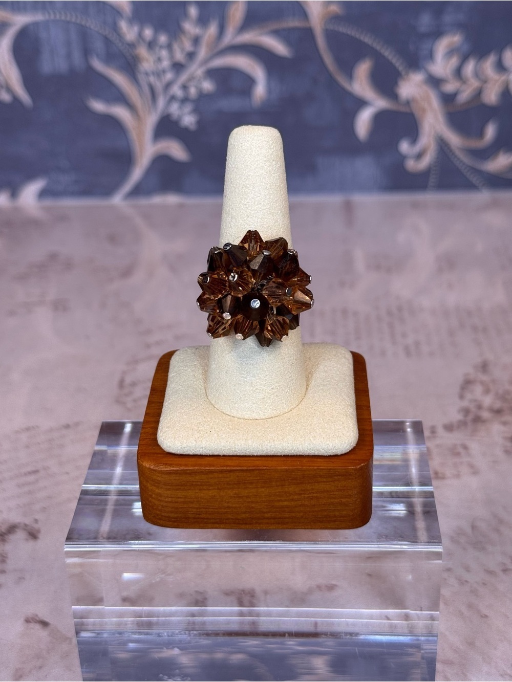 Silver Tone Brown Beaded Adjustable Ring Size 9 Costume Jewelry D67